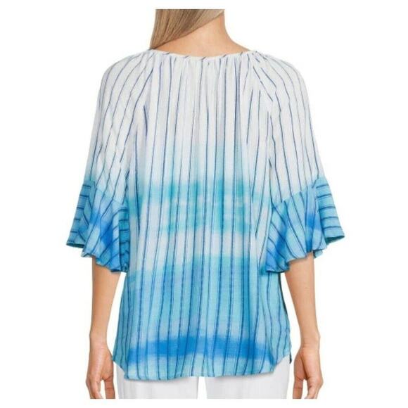 Allison Daley Petite Large Vertical Stripe Ombre Blue Print 3/4 Flutter Sleeve - Picture 2 of 5